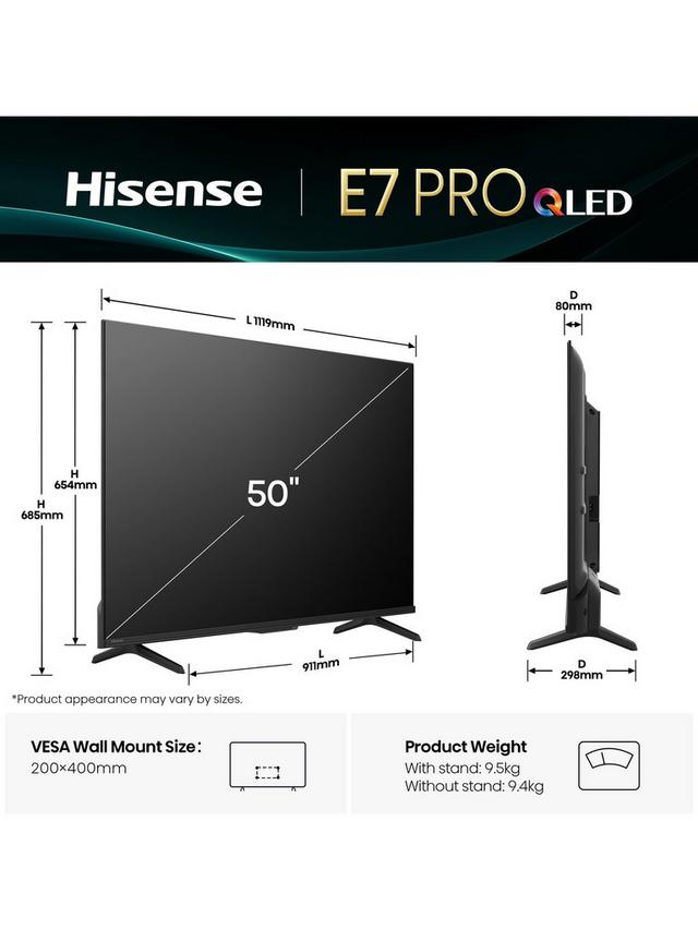 Hisense - 50E7QTUK PRO (2025) QLED HDR 4K Ultra HD Smart TV, 50 inch, Black - Image 3